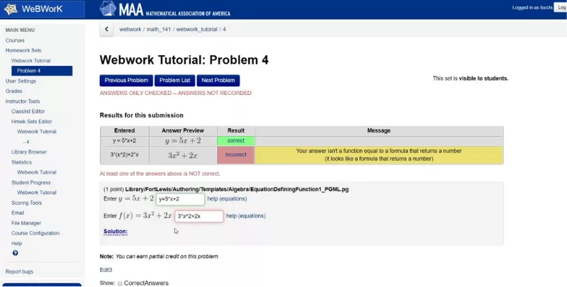  Screenshot of WeBWorK problem page discussing how to cheat on WeBWorK and answer checks.