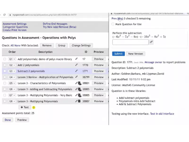Question list screen related to how to cheat on MyOpenmath answers platform