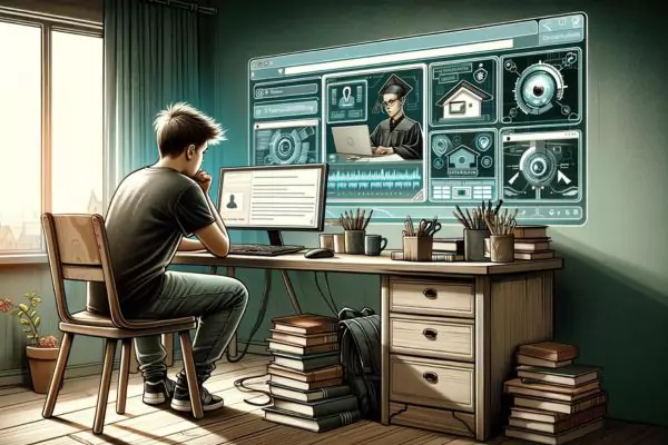 A student searching on computer for online exam takers to beat online proctoring systems. There are many books and other study related things on the table.