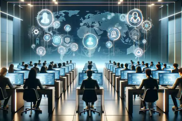 The image shows many software developers are working in order to develop online proctoring systems to prevent cheating in online exams