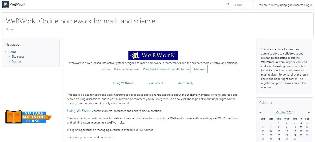 A view of the WeBWork Home Page for teachers and students A view of the WeBWork Home Page for teachers and students