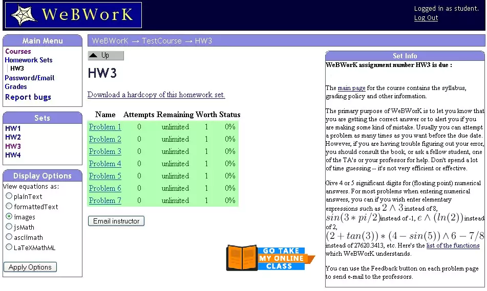A view of the Homework Page of the WeBWork Portal A view of the Homework Page of the WeBWork Portal