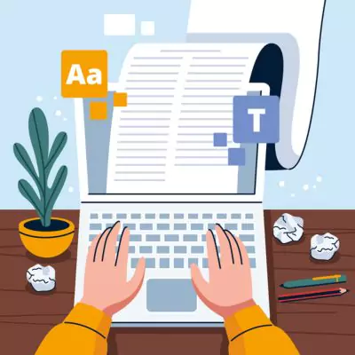 Two hands on a laptop keyboard on a study desk writing for English exams