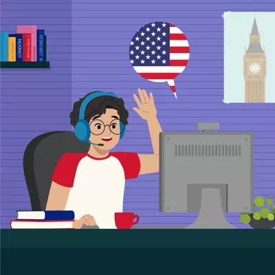 A boy with headphones sitting in front of a desktop taking an English quiz with an American flag pop up