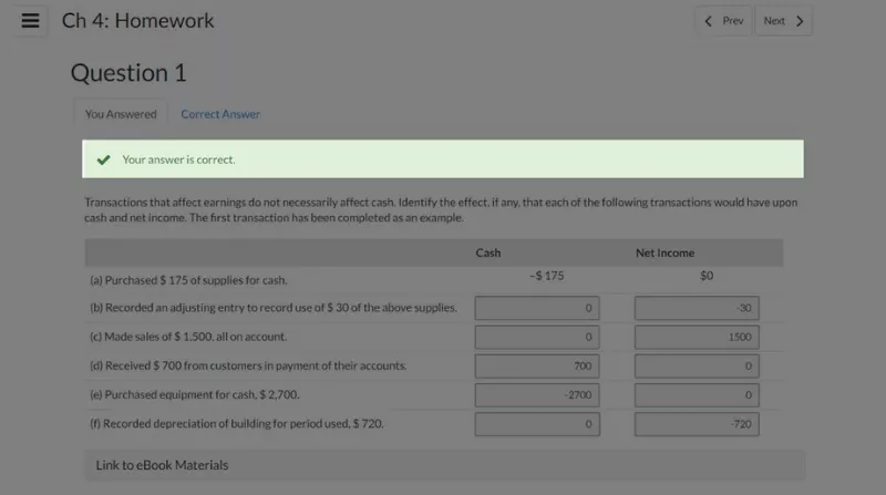  Student view of a WileyPLUS accounting problem with a green "Your answer is correct" banner