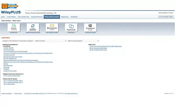 WileyPLUS course content overview for Financial Accounting, showing resources and practice for WileyPlus Answers<br />

