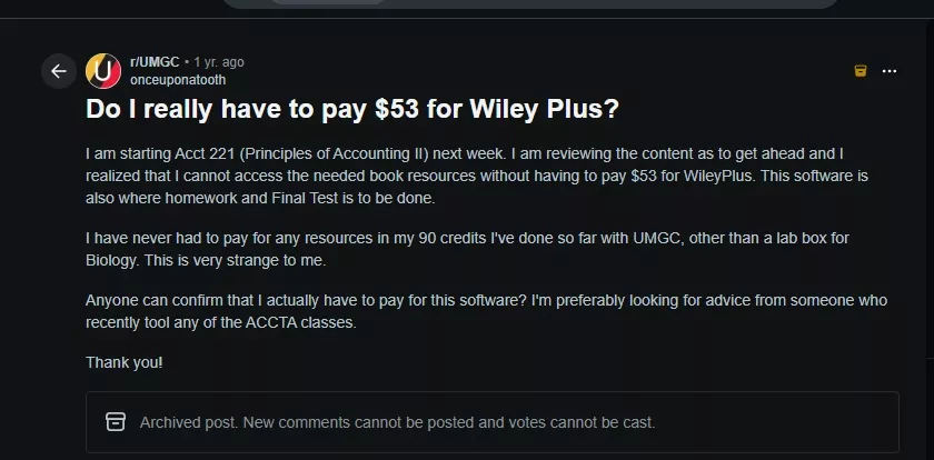 Reddit post asking if the WileyPlus Answers textbook software fee is mandatory for an accounting class</p>
<p>