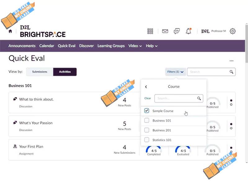 Brightspace answers dashboard showing Quick Eval for Business 101 course activities.