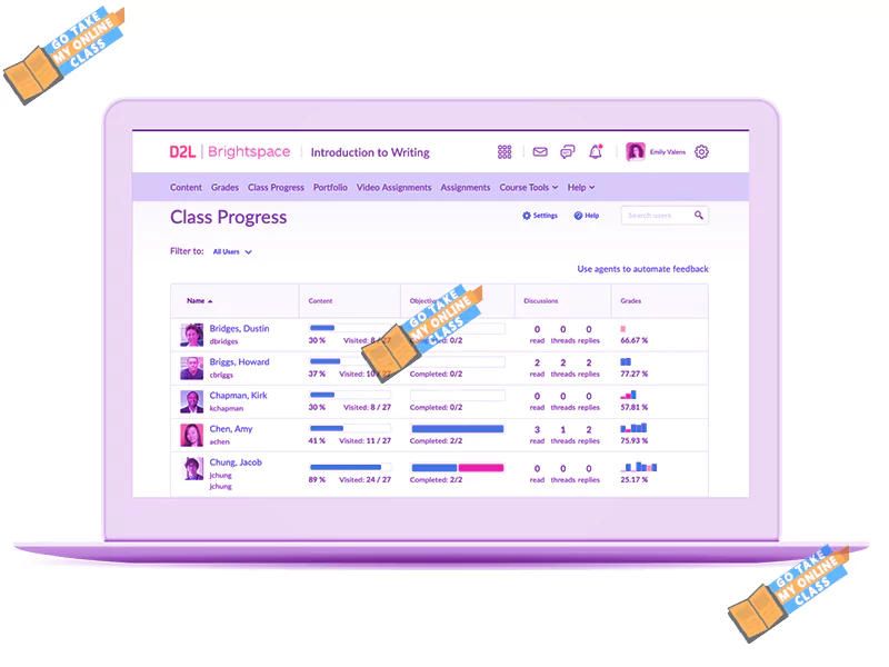 Student dashboard showing class progress and Brightspace answers on a purple laptop screen.