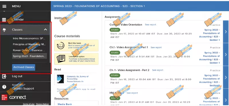 Dashboard view of McGraw Hill Connect Foundations of Accounting course displaying video assignments and study materials<br />
