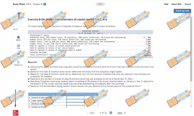 Screenshot of a McGraw Hill Connect accounting exercise about capital stock characteristics for the Creighton Company<br />
