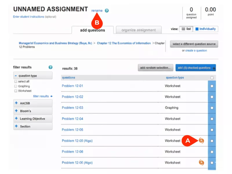 McGraw Hill Connect instructor view showing an unnamed assignment that lists various worksheet and graphing problems<br />
