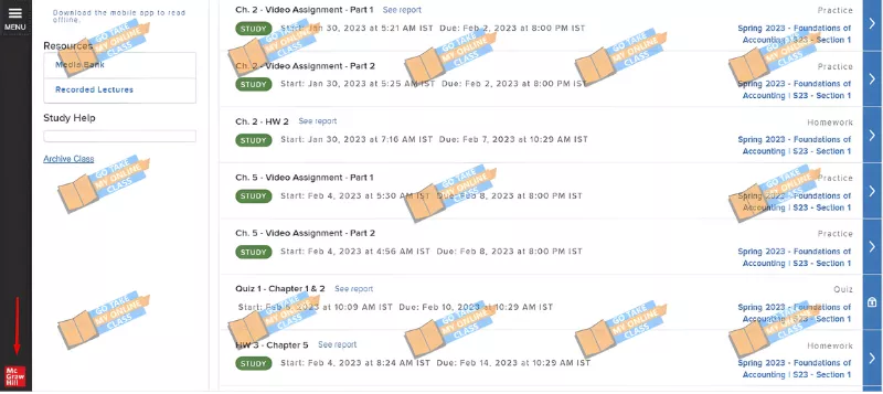 McGraw Hill Connect assignment list showing video assignments and quizzes for the Foundations of Accounting course<br />
