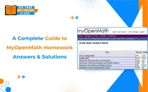Guide to MyOpenMath Homework Answers featuring a student grade book detail view