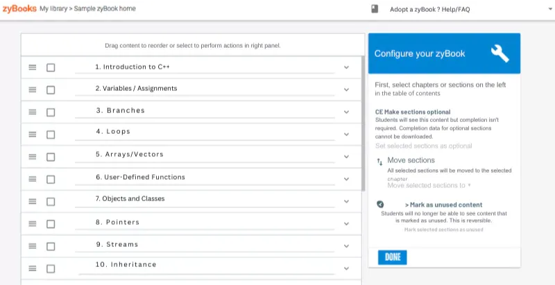  zyBooks course interface displaying chapter list for C++ topics to help organize and locate zyBooks answers<br />
