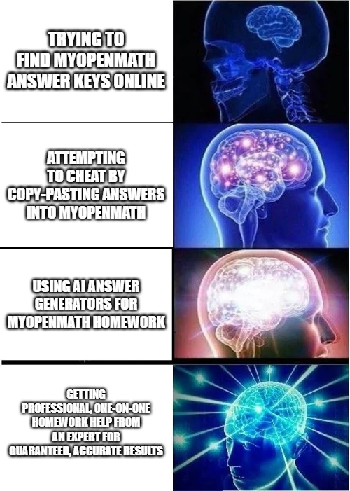 Brain meme showing evolution from guessing to expert help in solving MyOpenMath homework answers with guaranteed accuracy