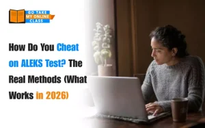 A Girl with a laptop studying and searching how do you cheat on ALEKS test