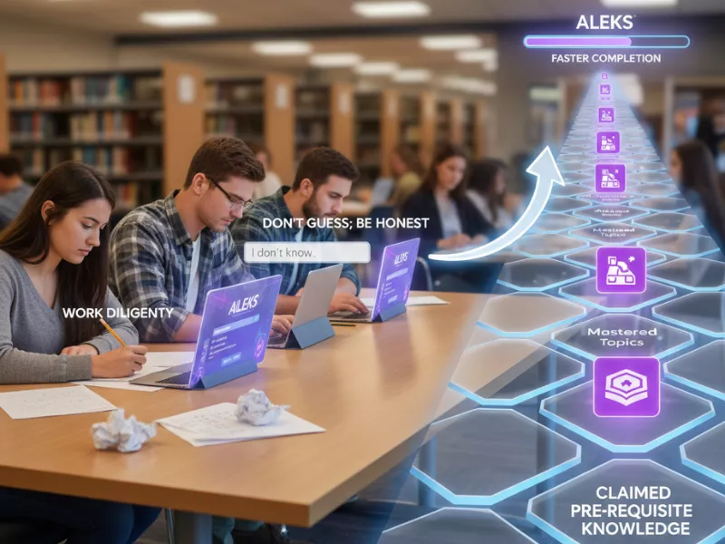 Students studying with a visual of the mastery path. How to Finish ALEKS Topics Fast: Don't guess on problems; be honest about your knowledge