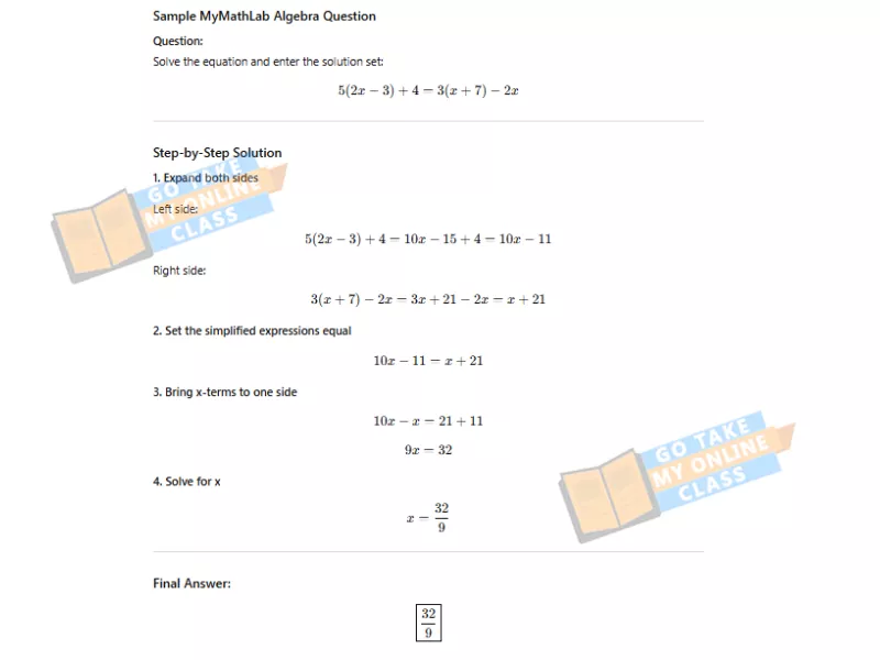 Step-by-step algebra solution example from MyMathLab answer key with final equation result.