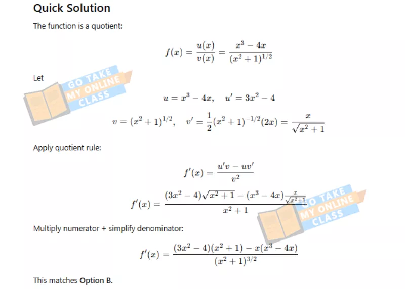 A solution for a calculus problem from the MyMathLab answer key showing quotient rule steps.