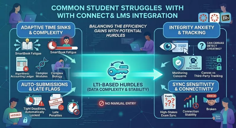 Infographic explaining student challenges, syncing issues, and tracking concerns in Blackboard LMS Connect systems