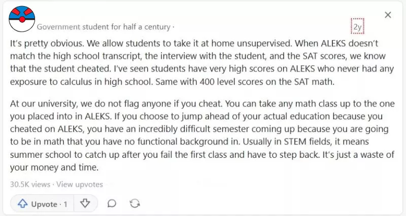 Forum ALEKS Post showing teachers’s reaction to ALEKS placement test cheating