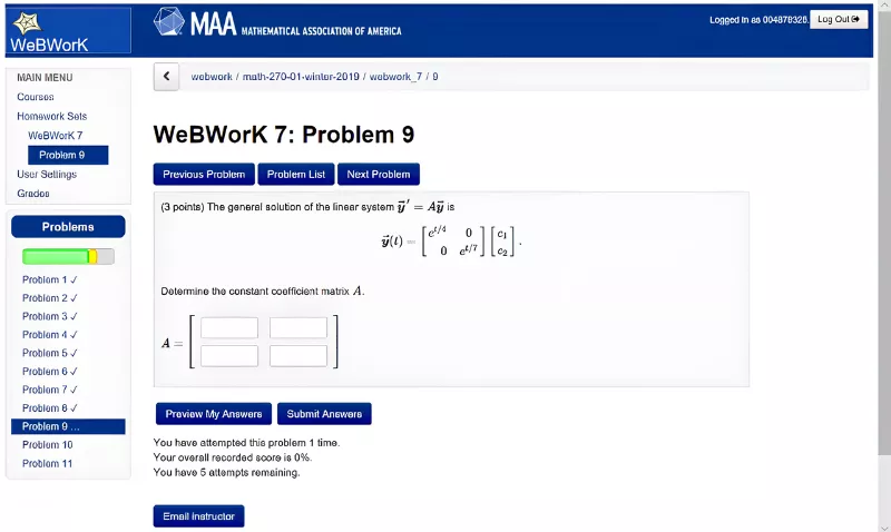 An online math problem interface providing WeBWorK Homework Answers for linear systems 