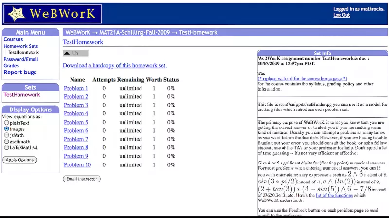  A student dashboard showing a WeBWorK Answer Key list for various math homework sets 