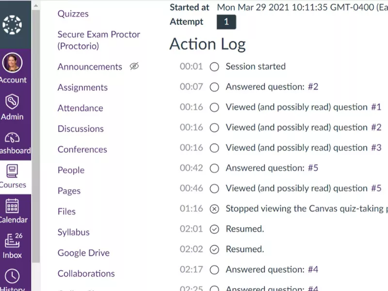  Interface of canvas quiz log showing student activity<br />
