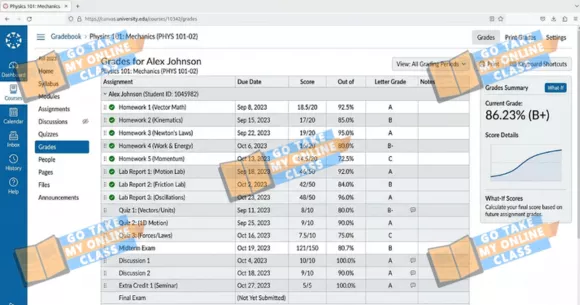 Physics course gradebook screenshot promoting services to pay someone to take my online physics class. 