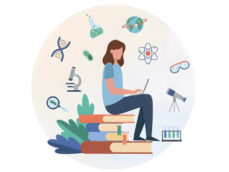 Student using a laptop for take my online science class with books and science icons nearby. 