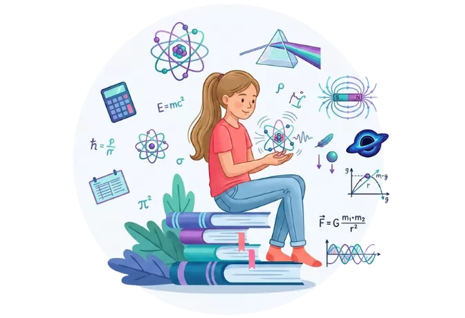 Student with physics icons and books, seeking help to pay someone to take my online physics class.