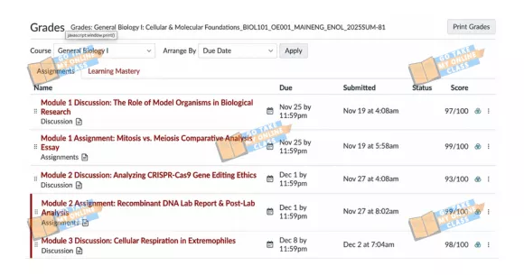 Take My Online Biology Class grade dashboard showing biology assignments and scores. </p>
<p>