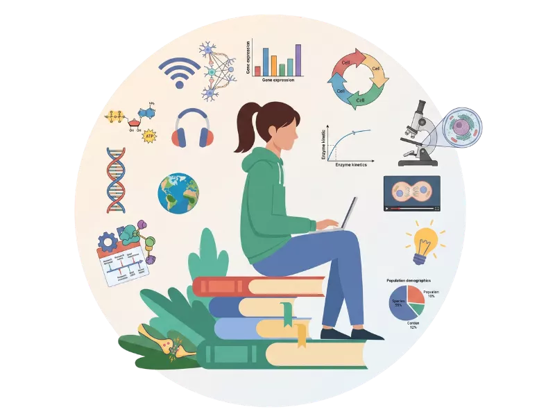 Student using a laptop to Take My Online Biology Class with biology concepts and diagrams. 