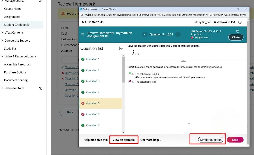 portal image of MyMathLab showing where view an example feature is located. portal image of MyMathLab showing where view an example feature is located.
