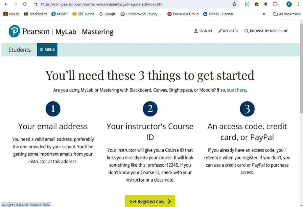 a portal image of MyMathLab where students begins their registration process<br />
