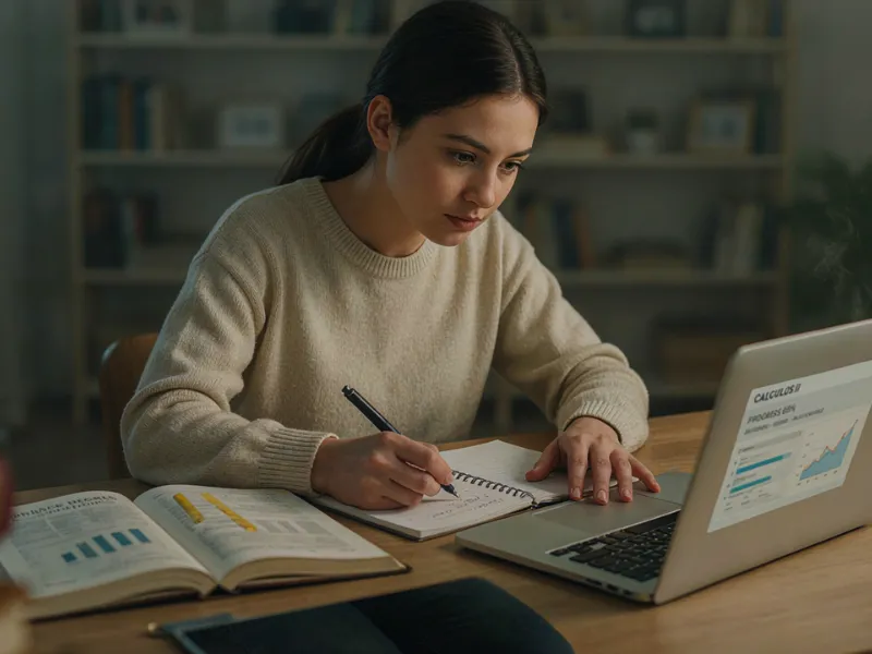 Student studying calculus II online for finance degree math courses.
