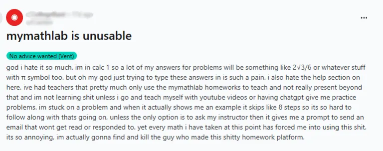 Text: Reddit post venting about MyMathLab calculus homework formatting and unhelpful examples 