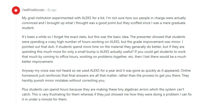 Screenshot of a student review discussing ALEKS online math homework challenges and errors